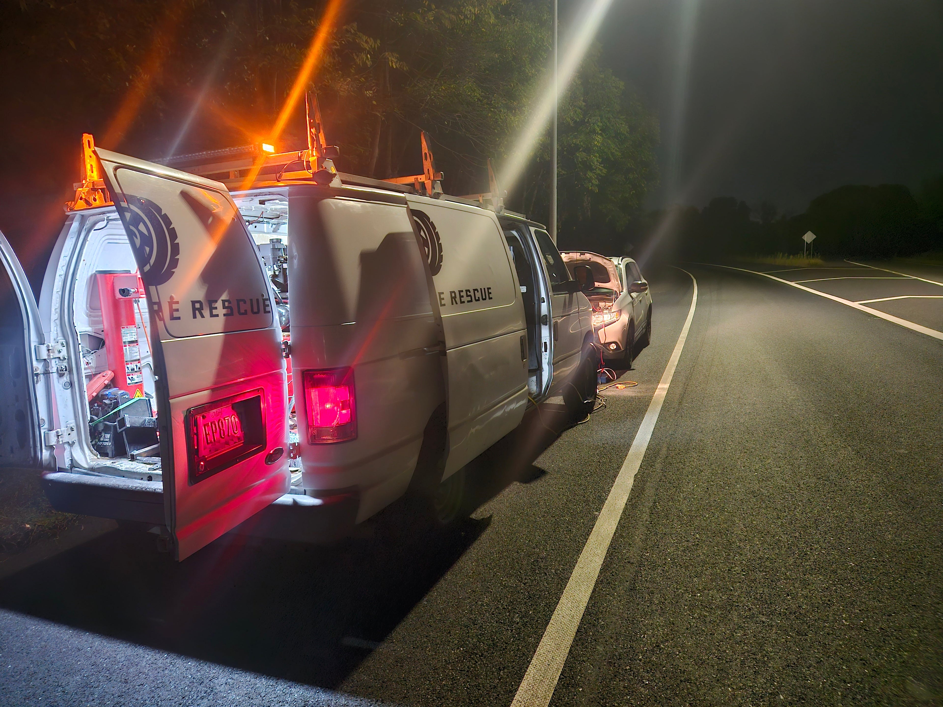 Our client blew both tires on the passenger side of his car from driving over a light pole that was laying on the road. The aluminum rims of his tires were also damaged. Mobile Tire Rescue was able to install two new tires on two temporary rims with the same bolt pattern as the original to get our client back on the road. 